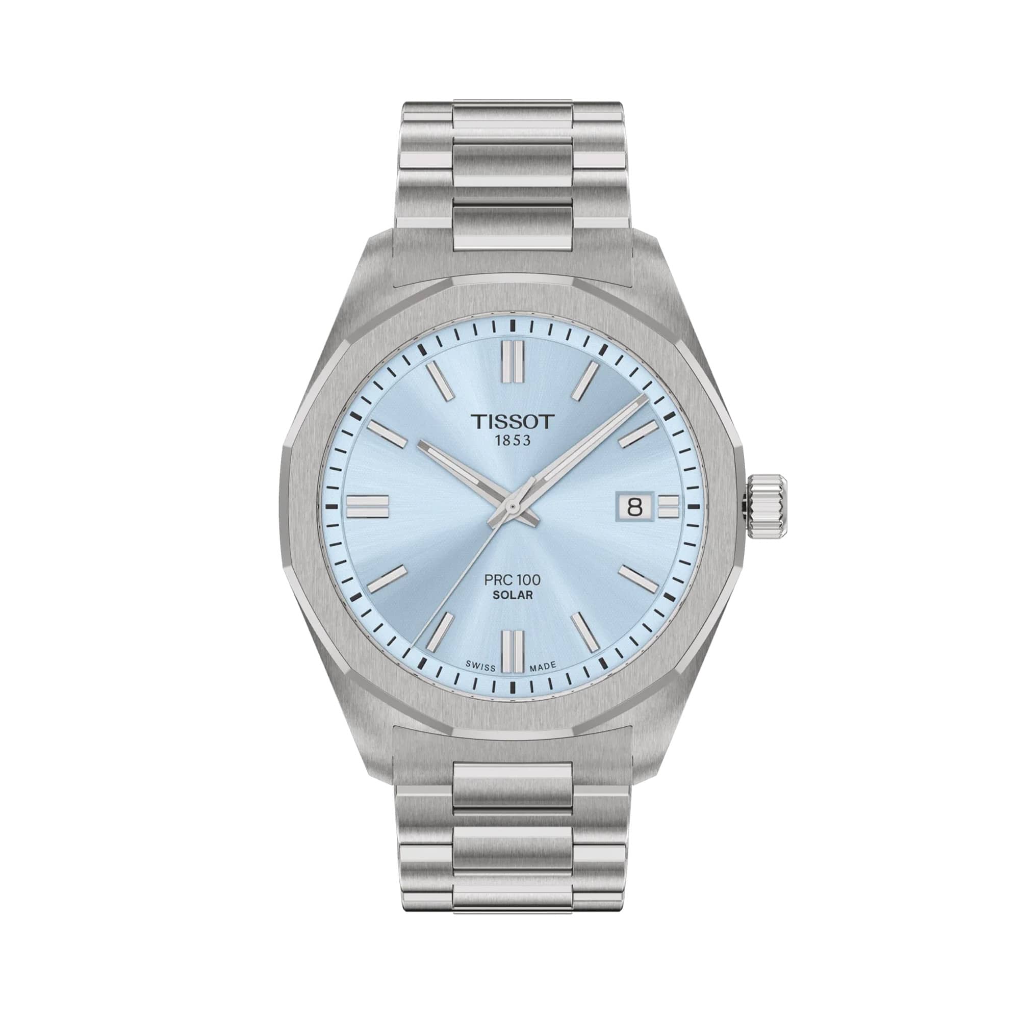 Tissot PRC 100 Solar 39mm unisex stainless steel watch featuring an ice blue dial, silver-tone bracelet, luminous hands and date display.