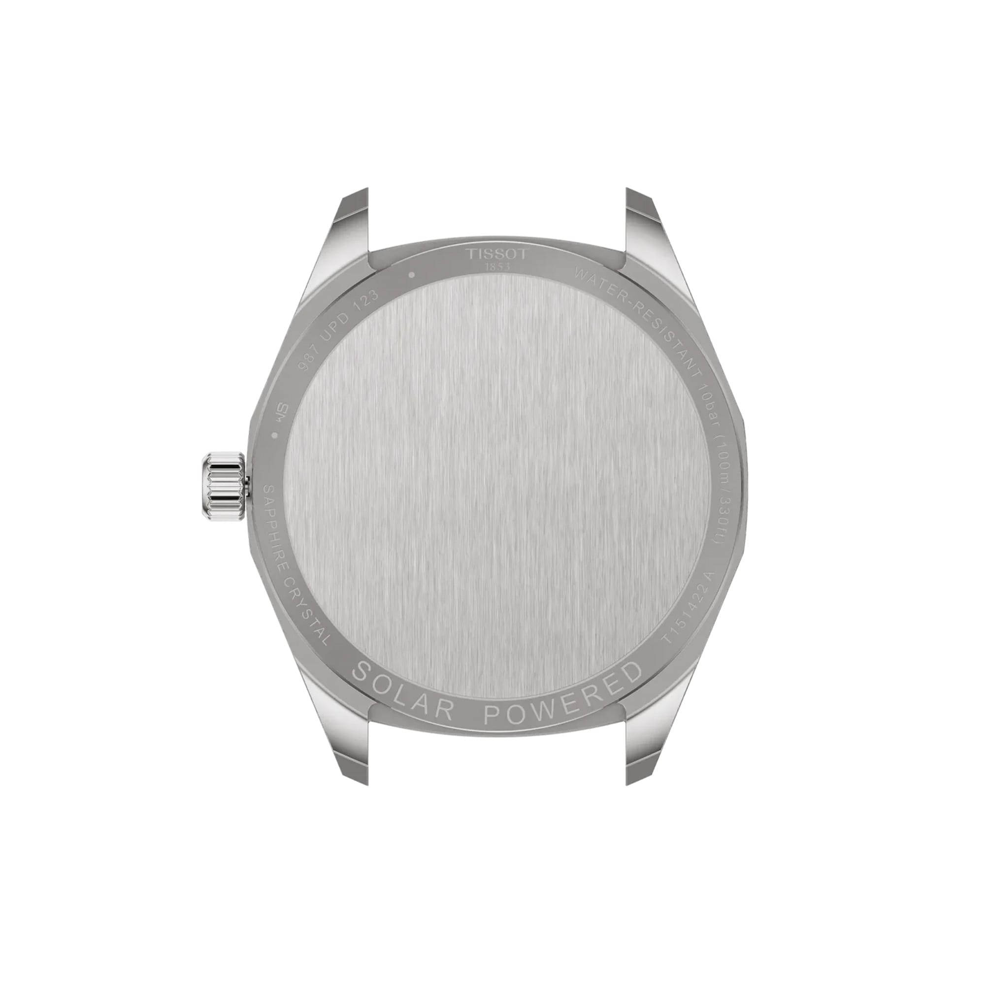 Rear view of the Tissot PRC 100 Solar 39mm unisex watch showcasing the stainless steel case back with engraved Swiss Made detailing.