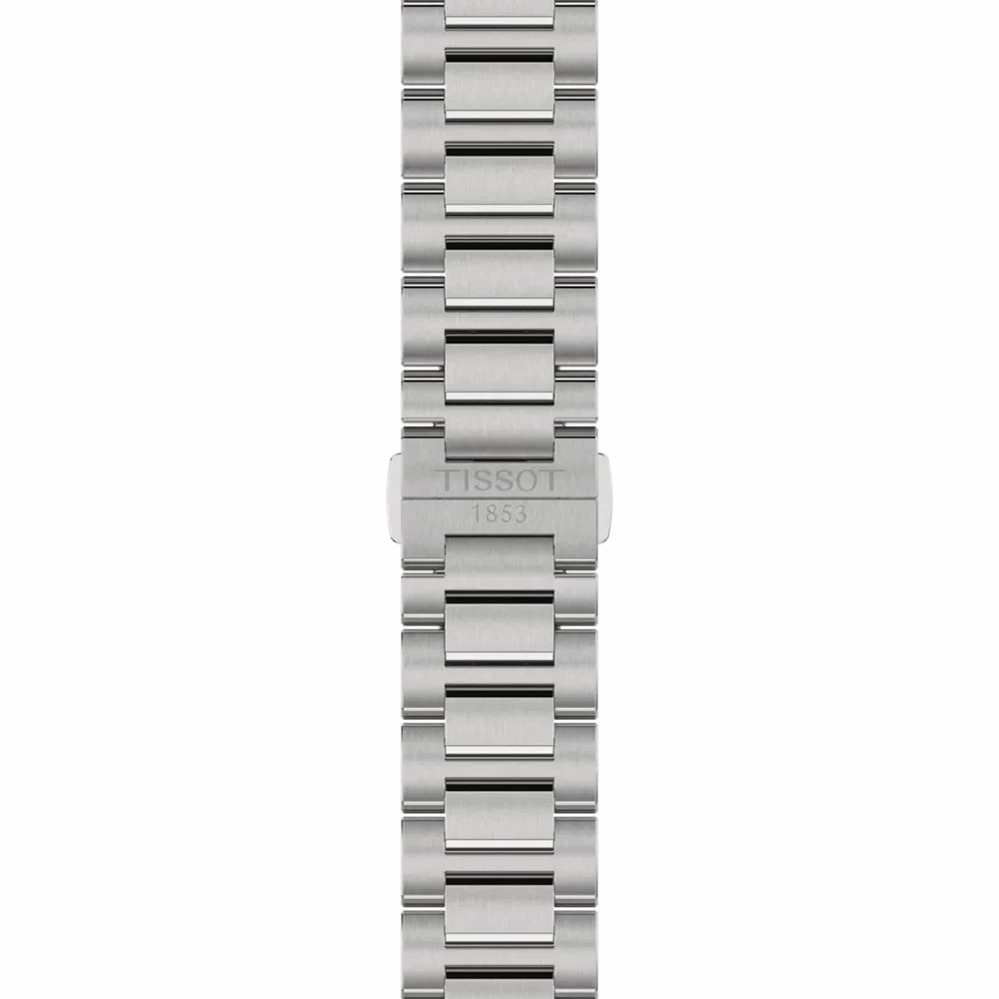 Stainless steel bracelet of the Tissot PRC 100 Solar unisex watch featuring a brushed and polished finish with secure folding clasp.