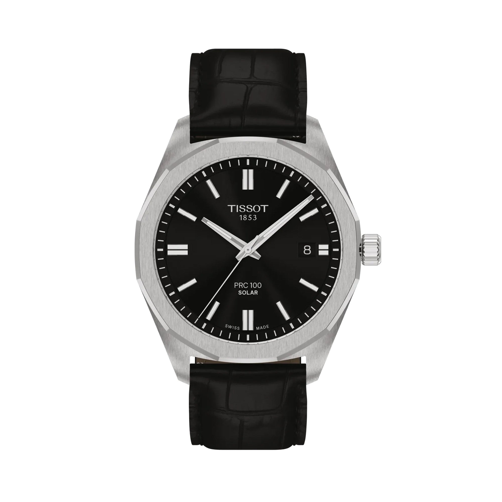 Tissot PRC 100 Solar 39mm T151.422.16.051.00 front view – black dial, silver stainless steel case with dodecagonal bezel, index hour markers, date window at 3 o'clock, black leather strap