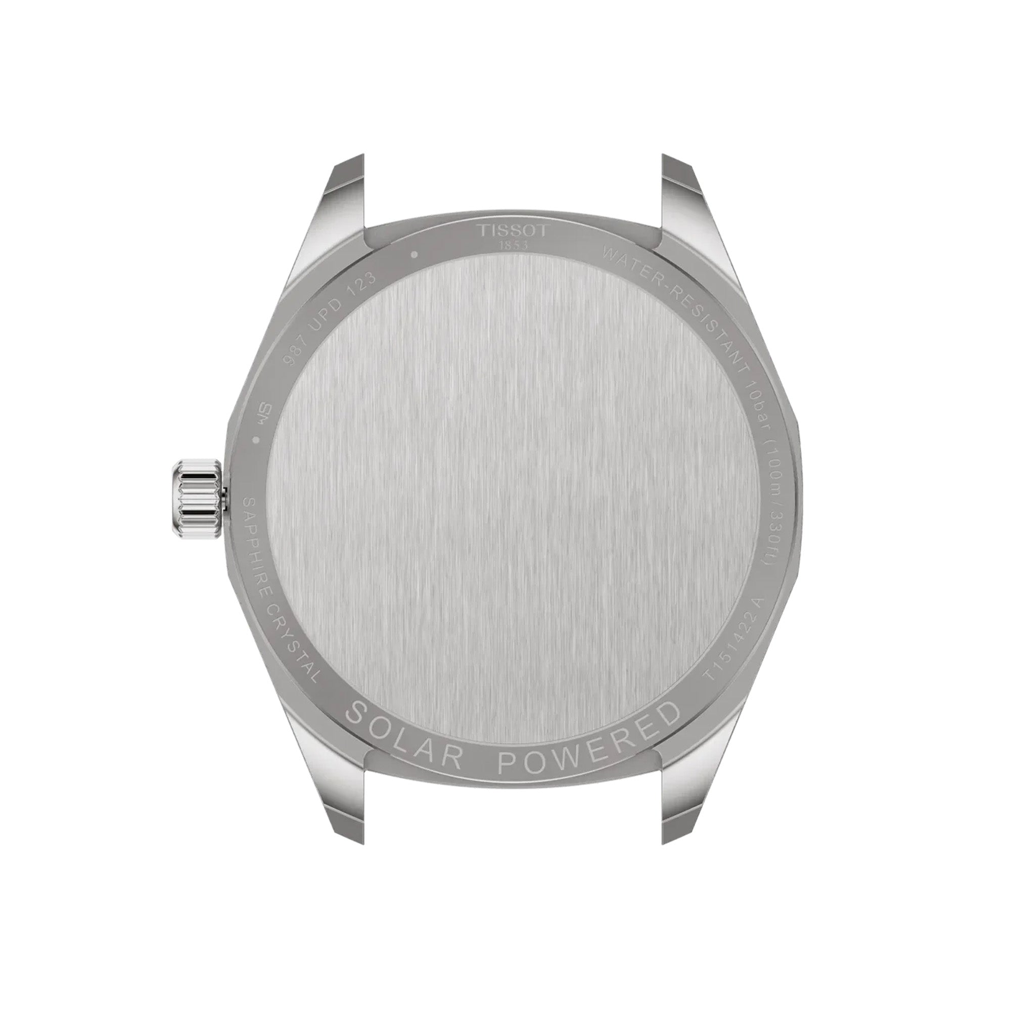 Tissot PRC 100 Solar 39mm T151.422.16.051.00 case back view – 316L stainless steel, Swiss made engraving, water resistant to 100m, model reference T151.422.16.051.00