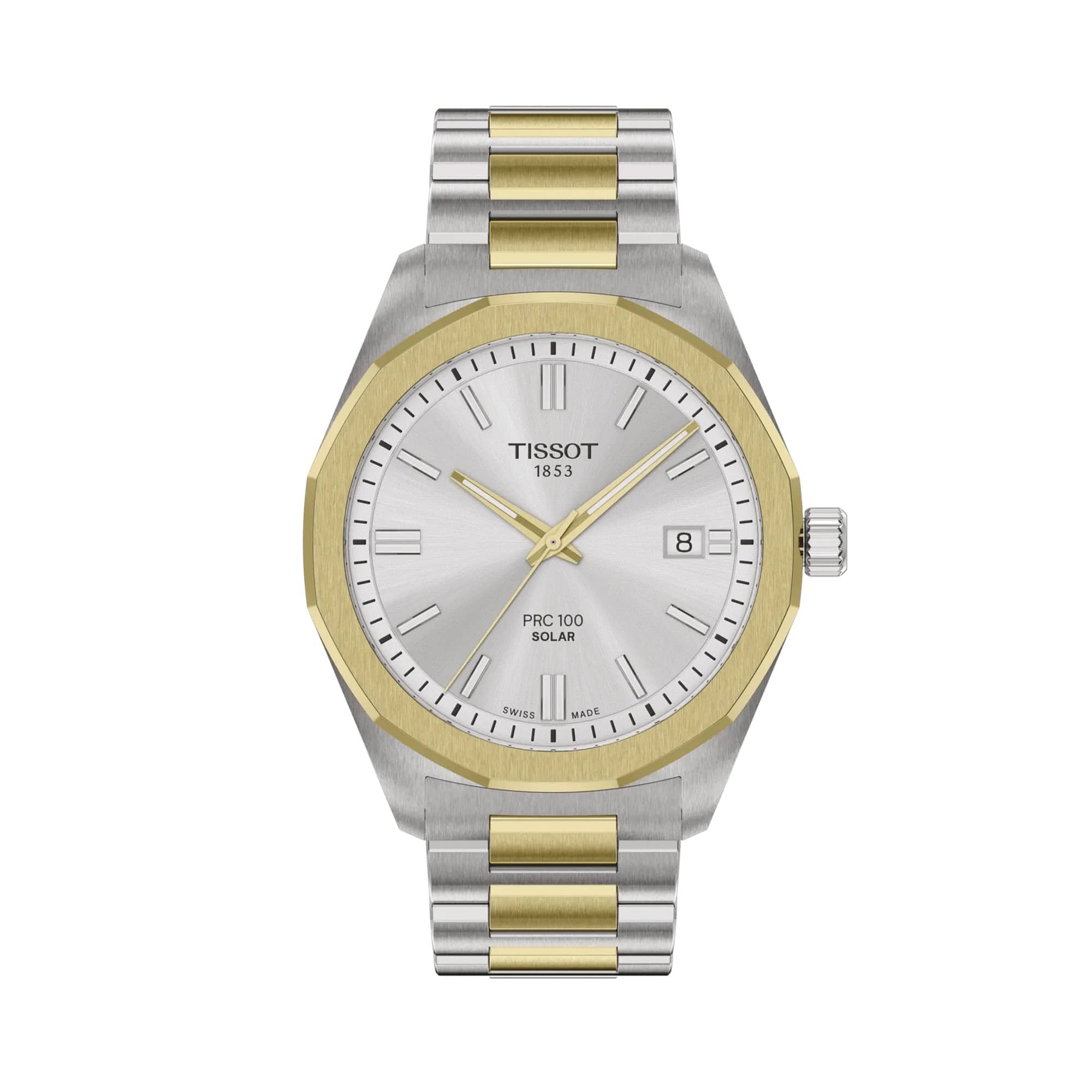 Tissot PRC 100 Solar 39mm unisex watch featuring a silver dial, yellow gold PVD bezel and two-tone stainless steel bracelet.