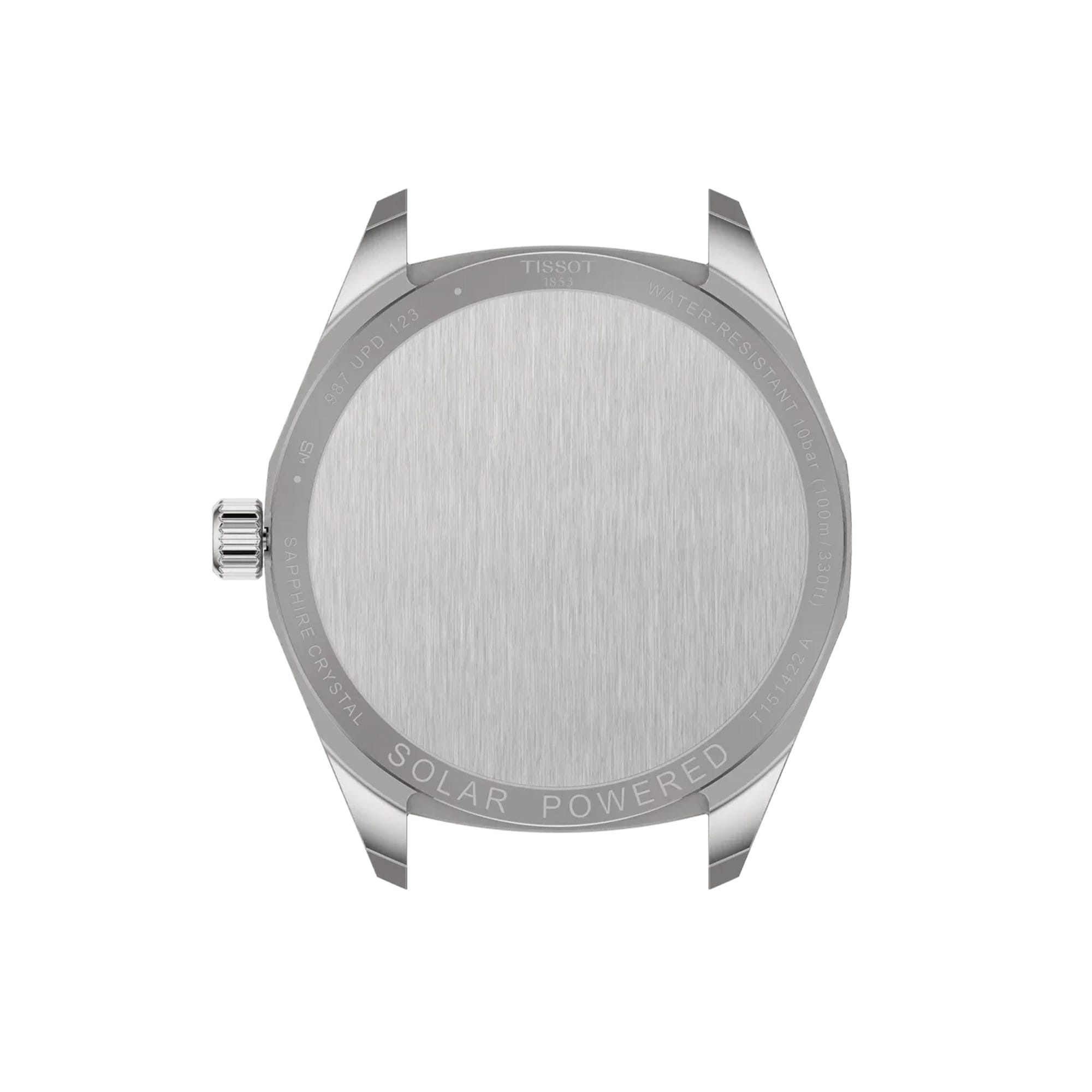 Back view of the Tissot PRC 100 Solar 39mm unisex watch showing the stainless steel case back with Swiss Made engravings.