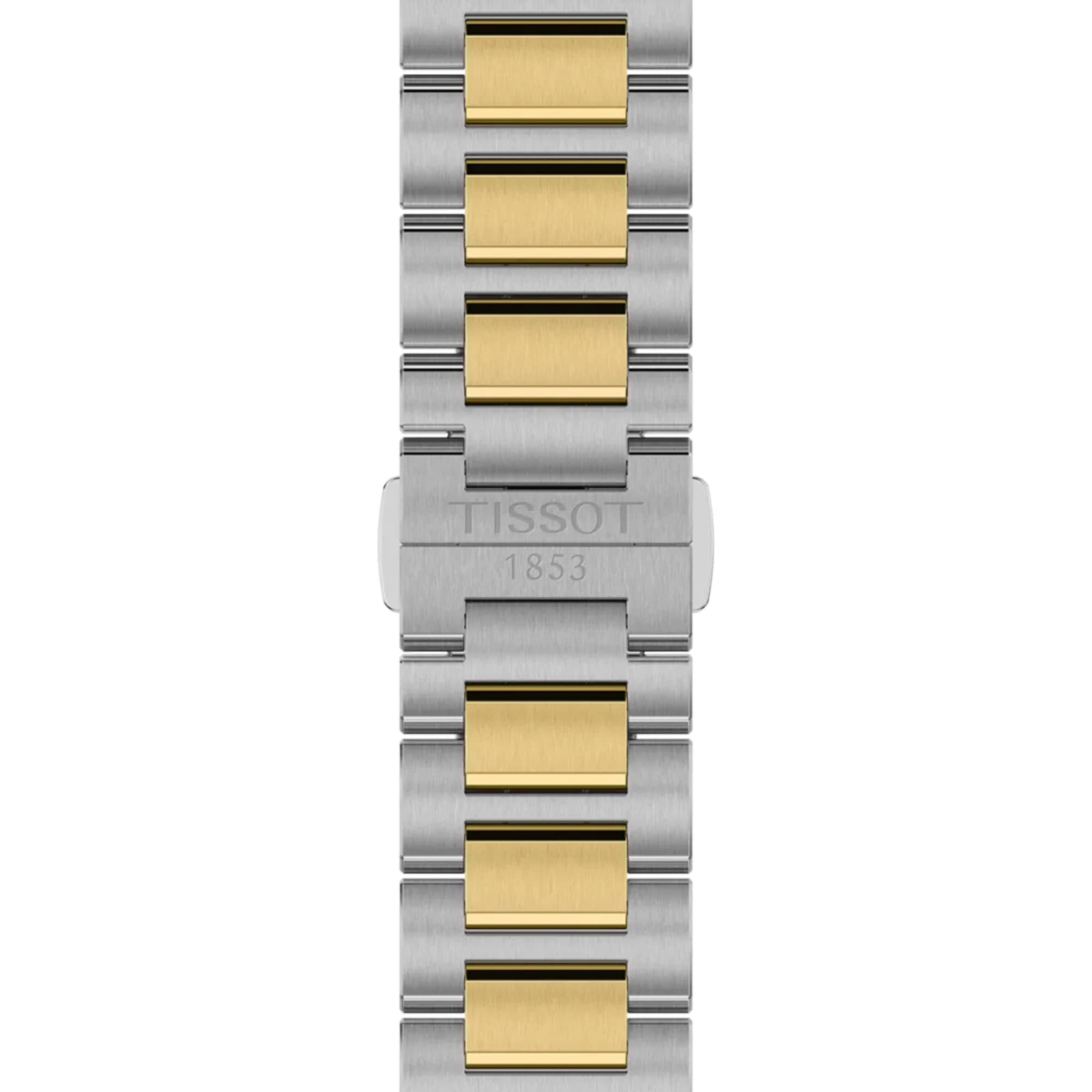 Two-tone stainless steel bracelet with yellow gold PVD accents on the Tissot PRC 100 Solar unisex watch featuring a butterfly clasp design.