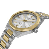 Tissot PRC 100 Solar 39mm unisex watch featuring a silver dial, yellow gold PVD bezel and two-tone stainless steel bracelet.