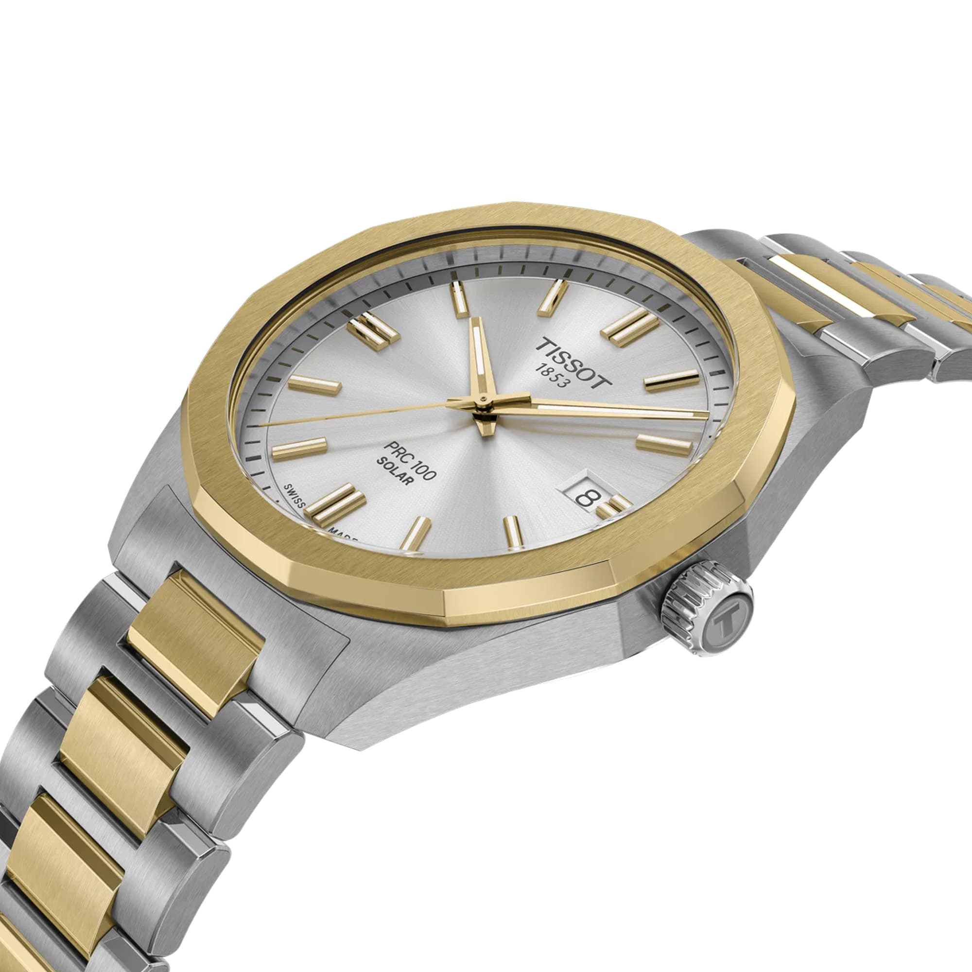 Tissot PRC 100 Solar 39mm unisex watch featuring a silver dial, yellow gold PVD bezel and two-tone stainless steel bracelet.