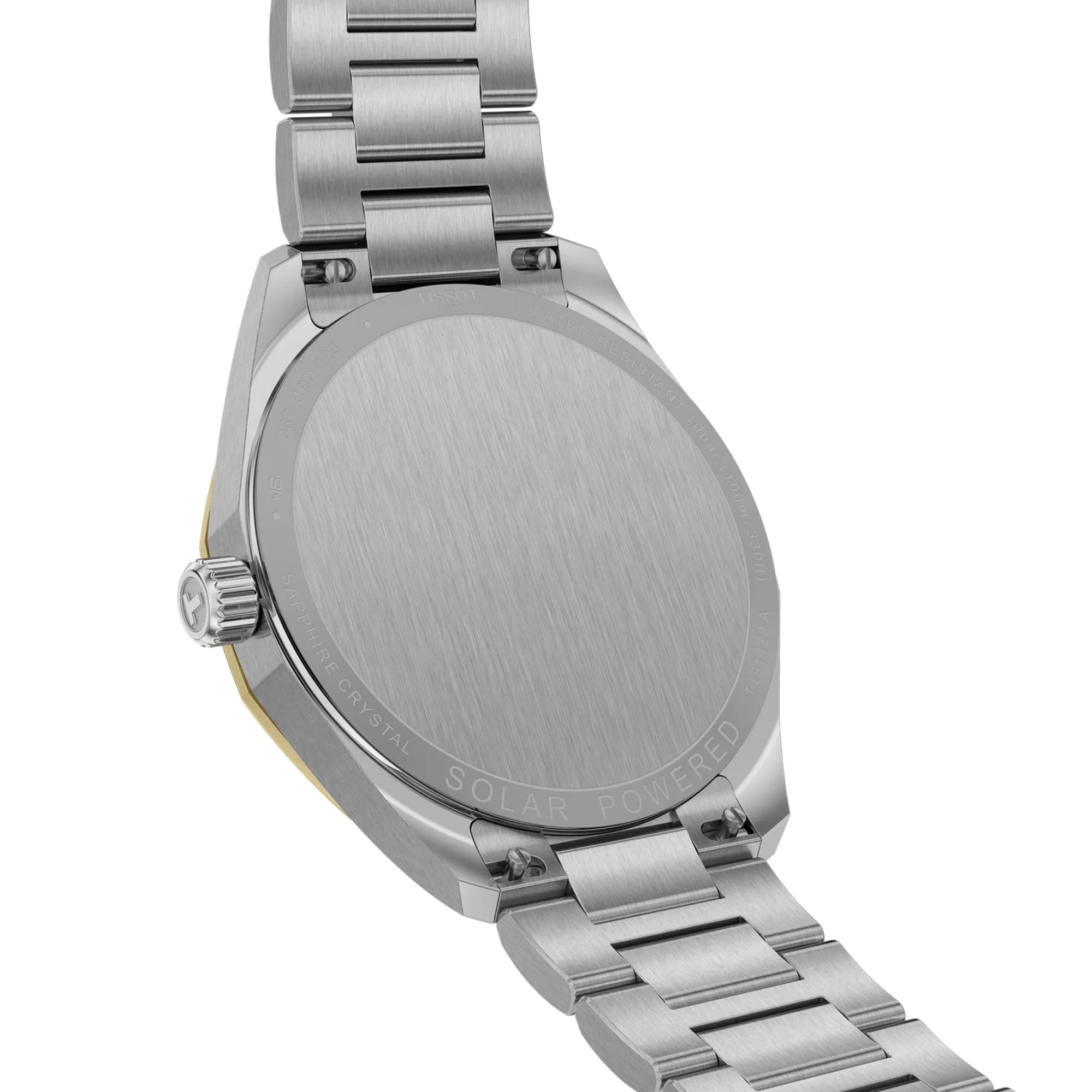 Back view of the Tissot PRC 100 Solar 39mm unisex watch showing the stainless steel case back with Swiss Made engravings.