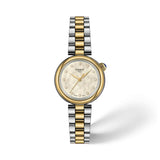 Tissot Desir 28mm T152.010.22.116.00 front view – white mother-of-pearl dial with diamond indexes, bicolour yellow gold PVD domed case, blue cabochon crown, date window, gold PVD bracelet