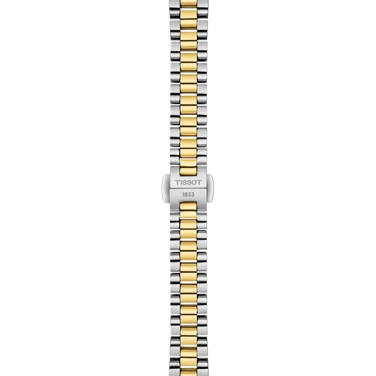 Tissot Desir 28mm T152.010.22.116.00 bracelet detail – jewel-like flexible stainless steel bracelet with yellow gold PVD coating and butterfly clasp with push-buttons