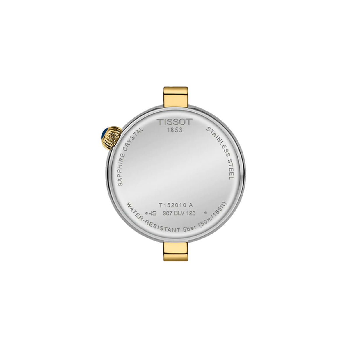 Tissot Desir 28mm T152.010.22.116.00 caseback view – stainless steel with yellow gold PVD coating, Swiss made quartz movement with EOL battery indicator, model reference T152.010.22.116.00