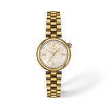 Tissot Desir 28mm T152.010.33.118.00 front view – white mother-of-pearl dial with sparkling silver outer ring, Roman numerals, yellow gold PVD domed case, blue cabochon crown, date window, gold PVD bracelet