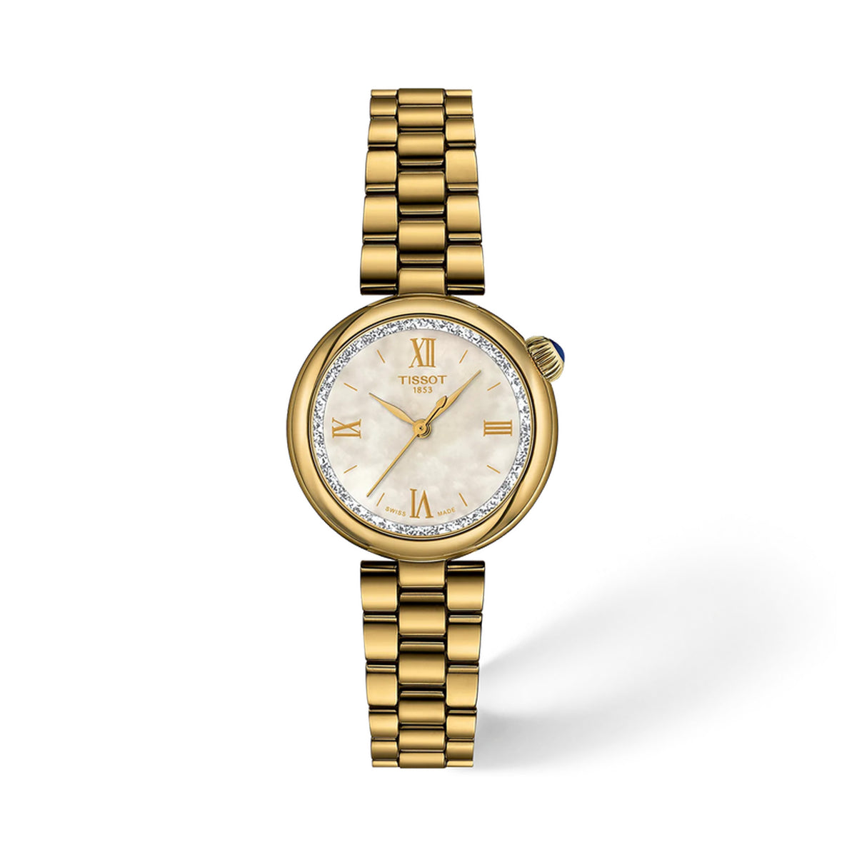 Tissot Desir 28mm T152.010.33.118.00 front view – white mother-of-pearl dial with sparkling silver outer ring, Roman numerals, yellow gold PVD domed case, blue cabochon crown, date window, gold PVD bracelet