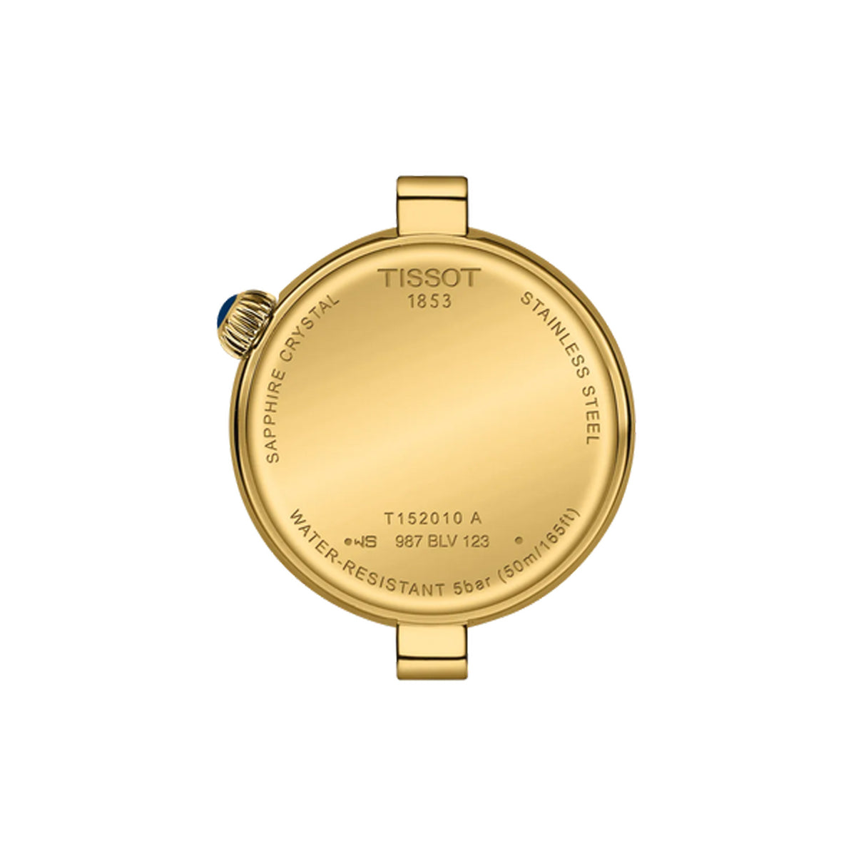 Tissot Desir 28mm T152.010.33.118.00 caseback view – stainless steel with yellow gold PVD coating, Swiss made quartz movement with EOL battery indicator, model reference T152.010.33.118.00