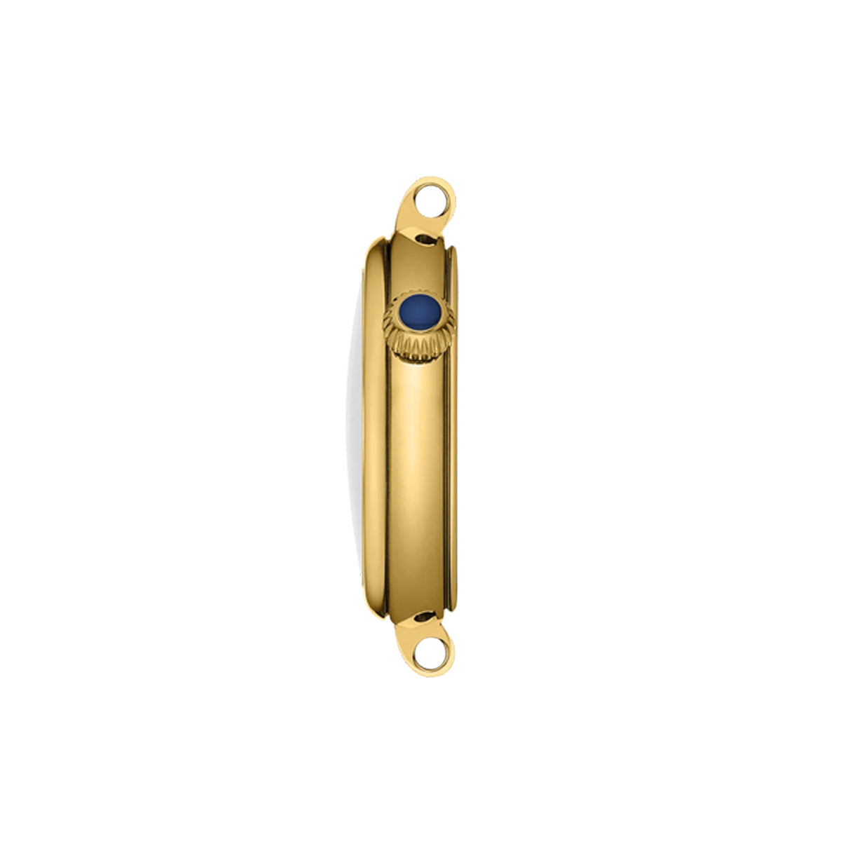 Tissot Desir 28mm T152.010.33.118.00 side profile – domed yellow gold PVD stainless steel case, sapphire crystal with antireflective coating, blue cabochon crown at 2 o’clock, slim 7.68mm profile