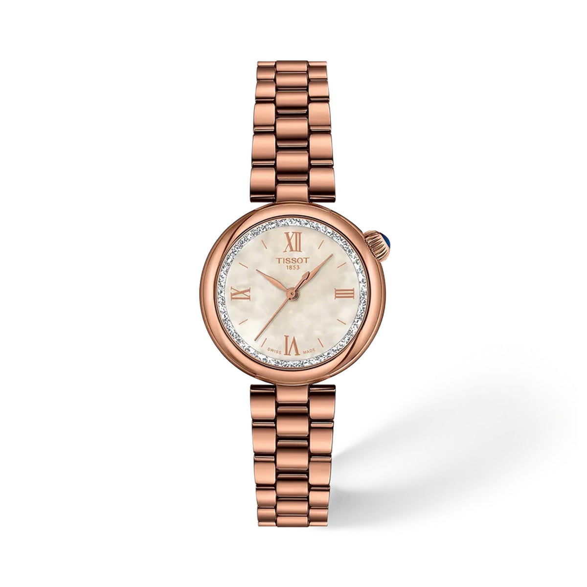 Tissot Desir 28mm T152.010.33.118.01 front view – white mother-of-pearl dial with sparkling outer ring, Roman numerals, rose gold PVD domed case, date window, rose gold PVD bracelet