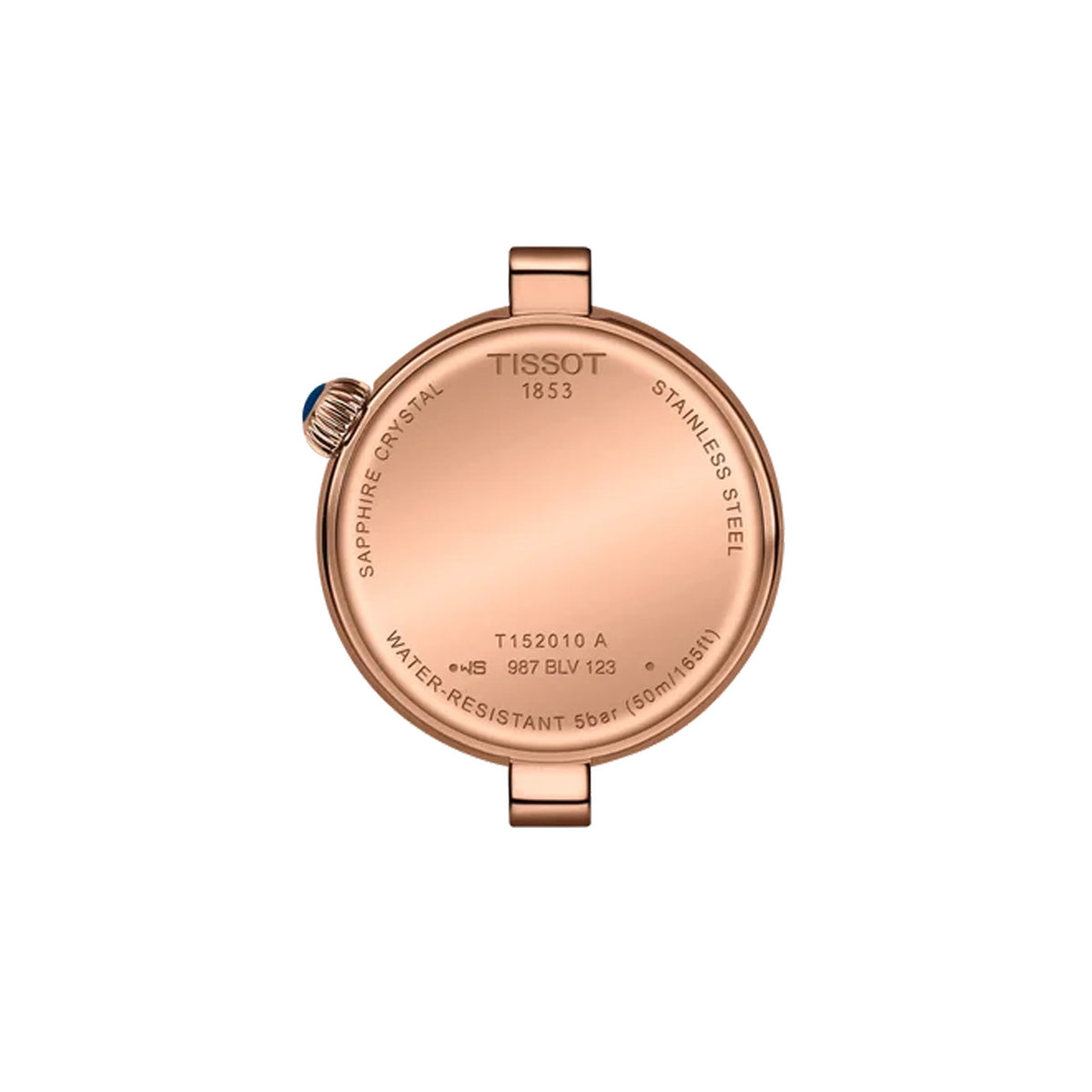 Tissot Desir 28mm T152.010.33.118.01 caseback view – stainless steel with rose gold PVD coating, Swiss made quartz movement with EOL battery indicator, model reference T152.010.33.118.01