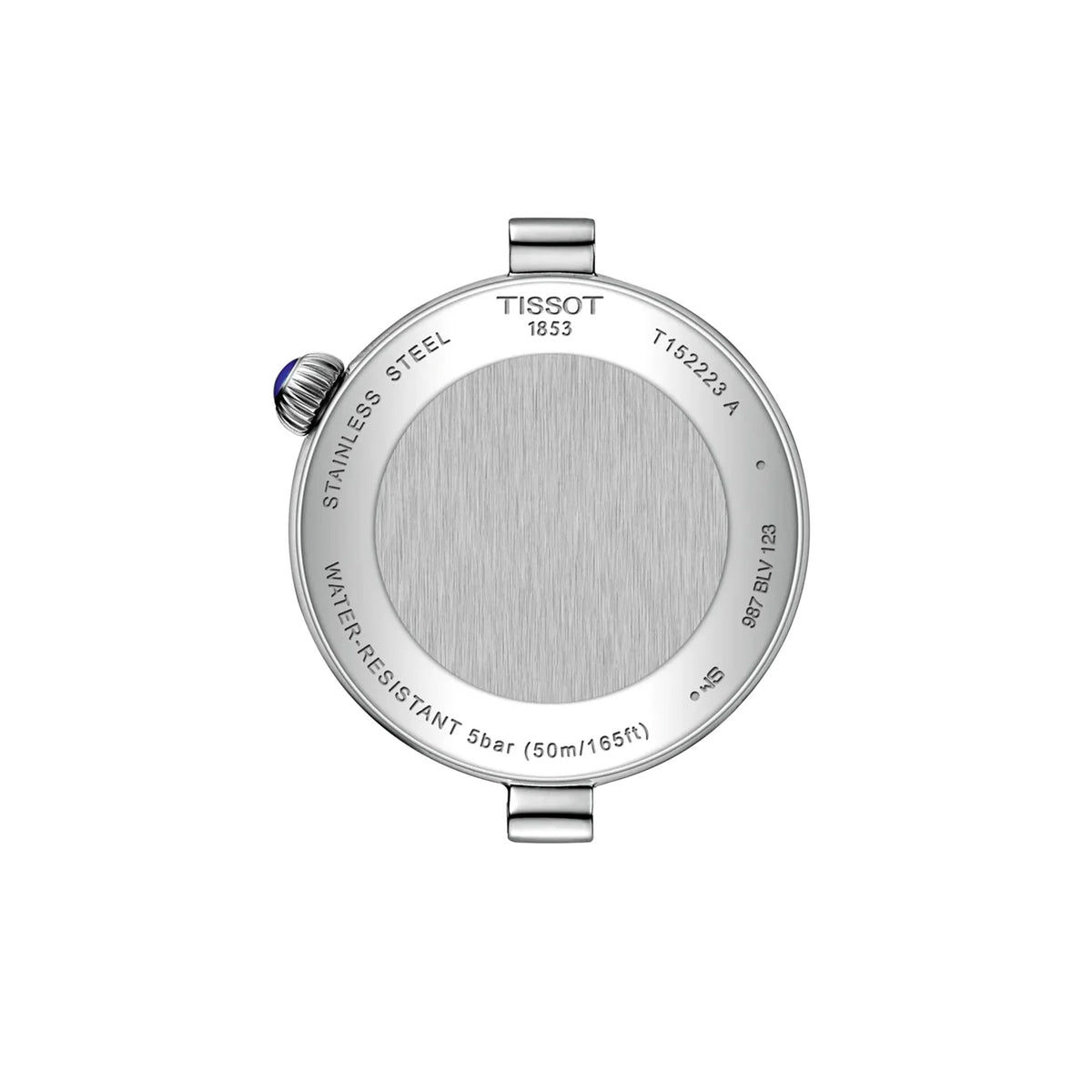 Tissot Désir 29.6mm T152.223.11.036.00 caseback view – 316L stainless steel, Swiss made, water resistant to 50m, model reference T152.223.11.036.00