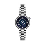 Tissot Désir 29.6mm T152.223.11.496.00 front view – blue and midnight blue dial, round stainless steel case, diamond hour indexes, moonphase display, grey stainless steel jewellery-style bracelet