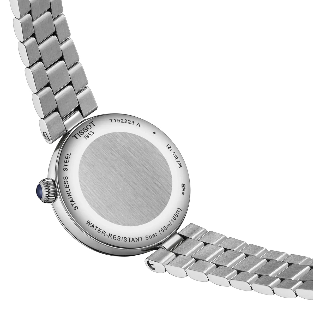 Tissot Désir 29.6mm T152.223.11.496.00 caseback view – 316L stainless steel, Swiss made, water resistant to 50m, model reference T152.223.11.496.00