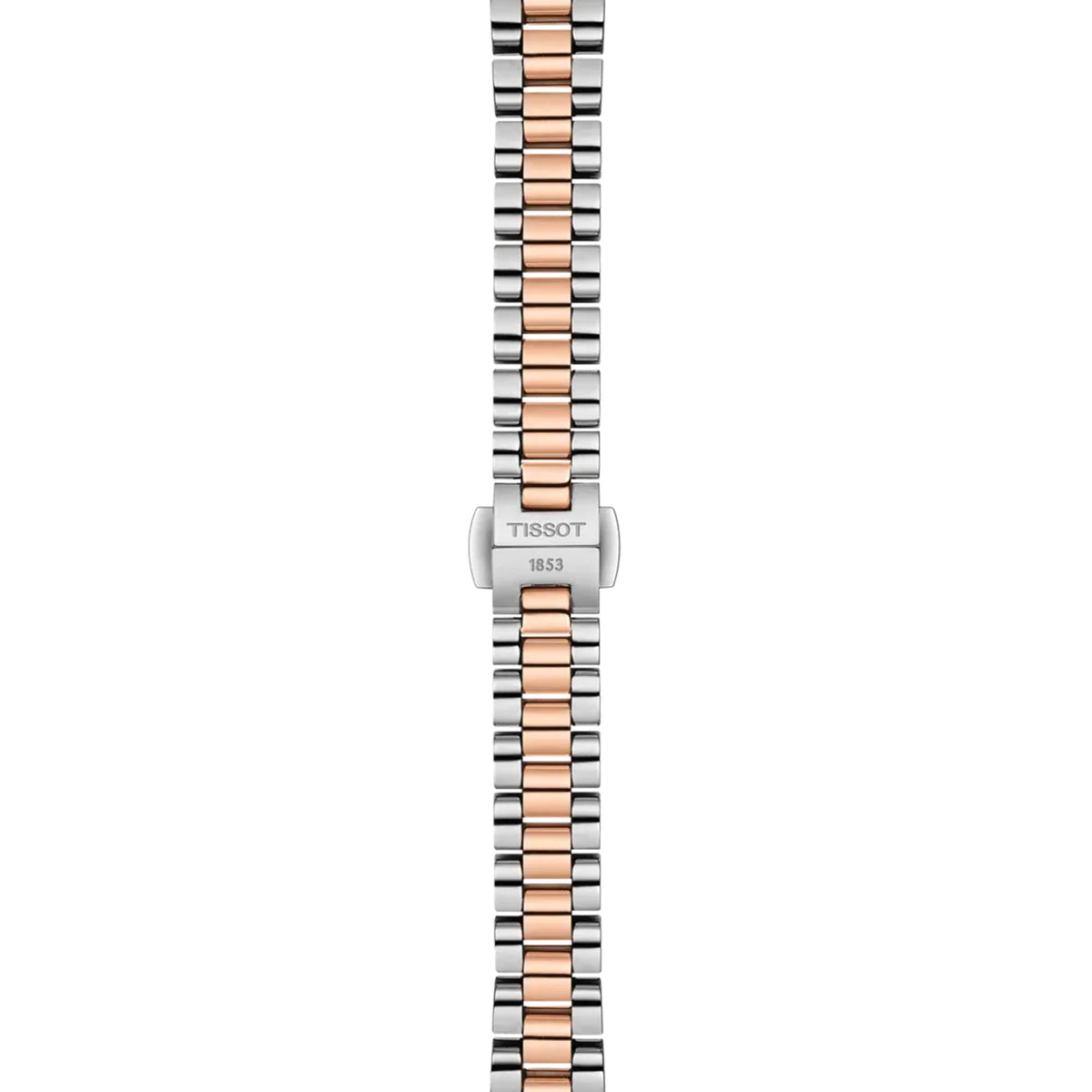Tissot Désir 29.6mm T152.223.22.036.00 bracelet detail – two-tone grey and rose gold PVD stainless steel jewellery-style bracelet with butterfly clasp and push-button safety