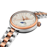 Tissot Désir 29.6mm T152.223.22.036.00 front view – silver striped dial, rose gold PVD stainless steel case, diamond hour indexes, moonphase display, two-tone grey and rose gold bracelet