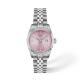 Tissot Ballade 30mm T156.010.11.331.00 front view – pink dial, 316L stainless steel case with fluted bezel, Super-LumiNova® hands and indexes, date window, stainless steel link bracelet