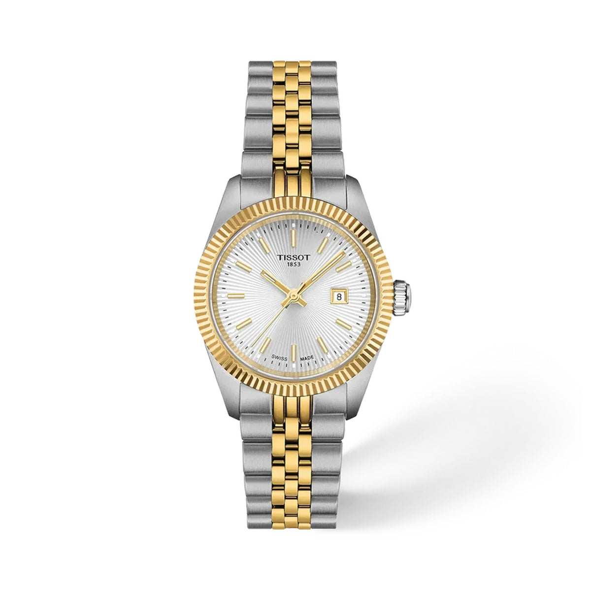 Tissot Ballade 30mm T156.010.22.031.00 front view – silver dial, bicolour 316L stainless steel case with yellow gold PVD, fluted bezel, Super-LumiNova® hands and indexes, date window, two-tone link bracelet