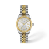 Tissot Ballade Powermatic 48 COSC 30mm T156.208.22.033.01 front view – silver dial, bicolour 316L stainless steel case with yellow gold PVD, fluted bezel, Super-LumiNova® hands and indexes, steel bracelet