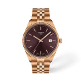 Tissot Ballade 40mm T156.410.33.371.00 front view – burgundy sunray dial, rose gold PVD stainless steel case with fluted bezel, Super-LumiNova® hands and indexes, date window, stainless steel bracelet