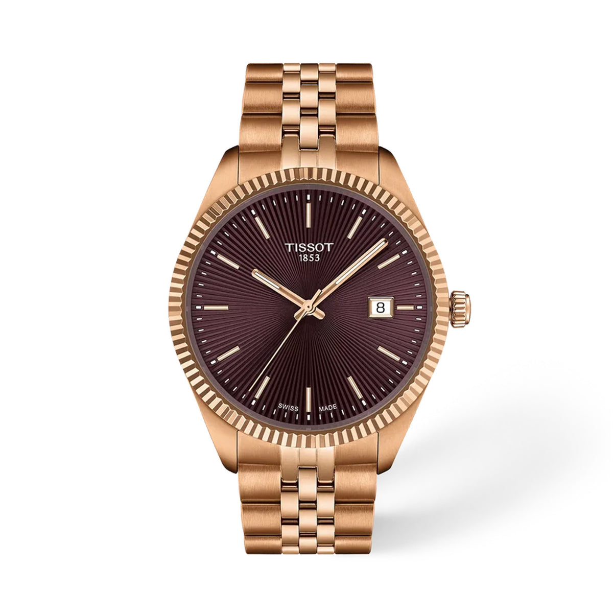 Tissot Ballade 40mm T156.410.33.371.00 front view – burgundy sunray dial, rose gold PVD stainless steel case with fluted bezel, Super-LumiNova® hands and indexes, date window, stainless steel bracelet