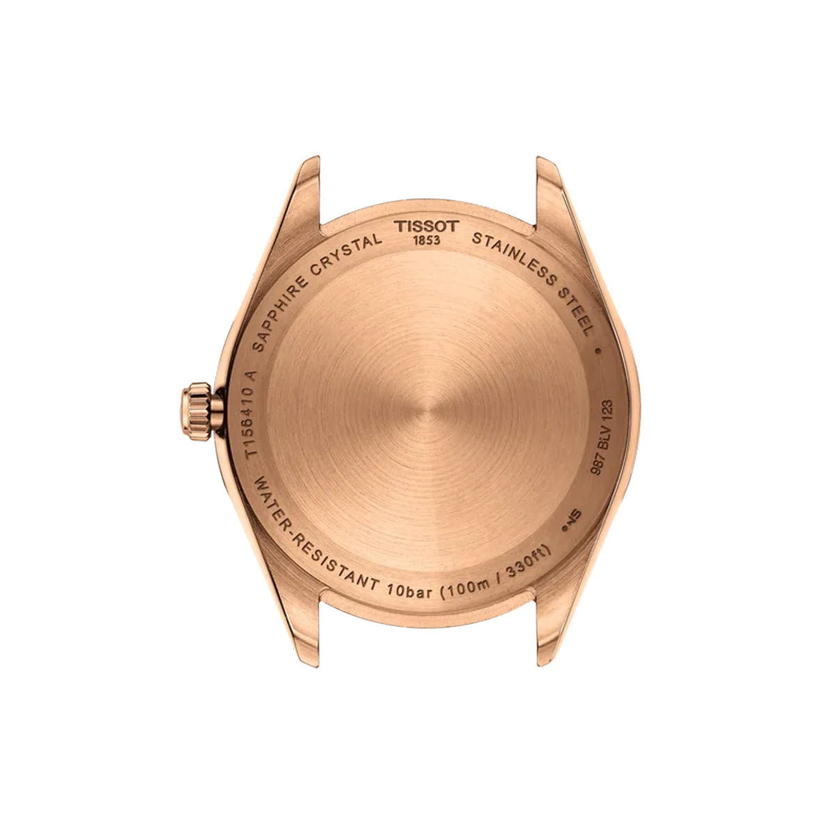 Tissot Ballade 40mm T156.410.33.371.00 caseback view – 316L stainless steel with rose gold PVD coating, Swiss made quartz movement, model reference T156.410.33.371.00
