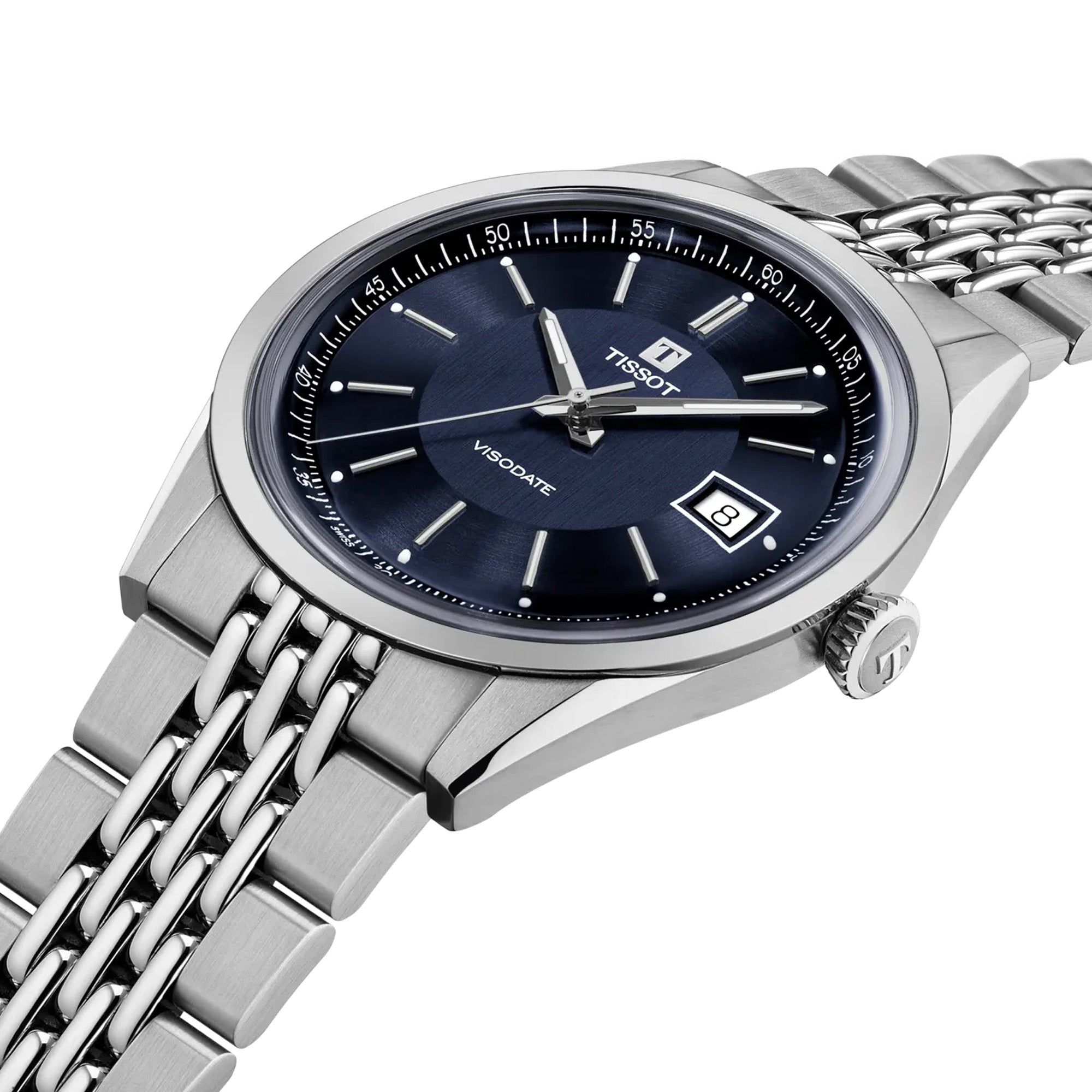 Tissot Visodate 39mm T157.407.11.041.00 front view – deep blue dial, silver stainless steel case, Dauphine hands, index hour markers, date window, grey grains of rice stainless steel bracelet
