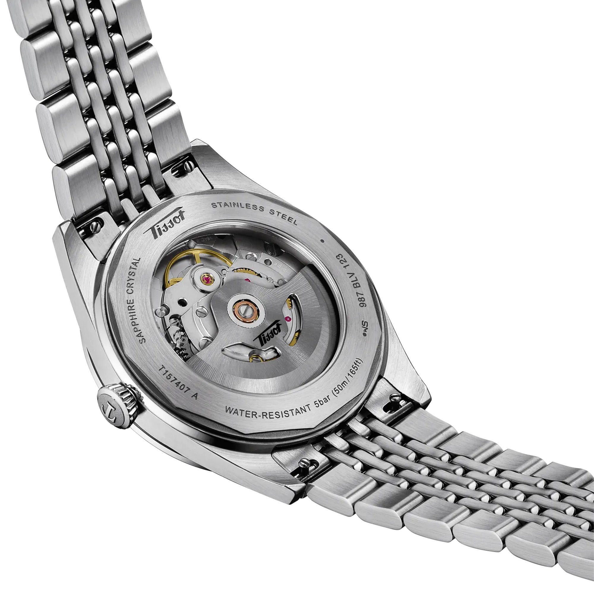 Tissot Visodate 39mm T157.407.11.041.00 see-through caseback – Powermatic 80 automatic movement visible, 316L stainless steel, Swiss made, water resistant to 50m
