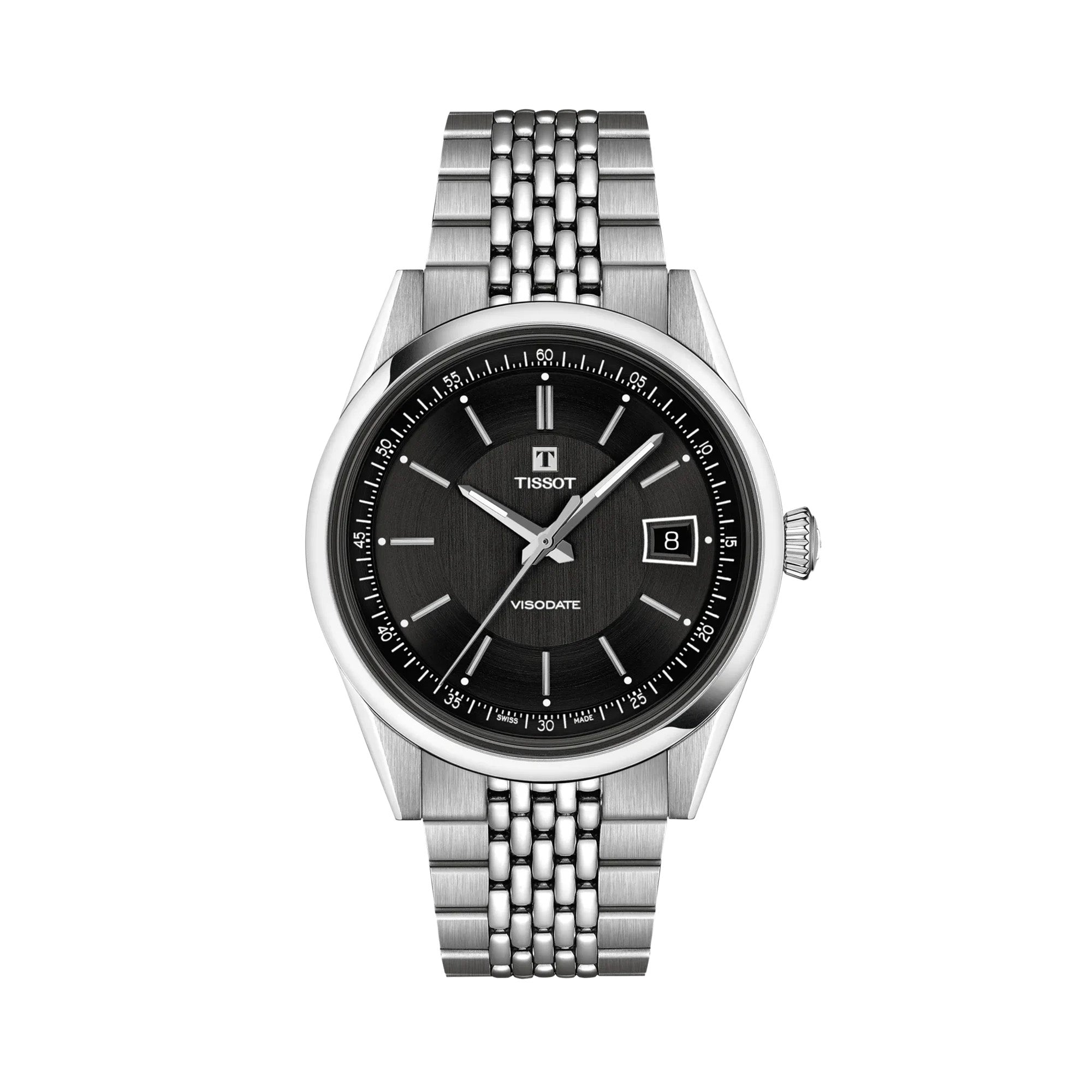 Tissot Visodate 39mm T157.407.11.051.00 front view – black dial, silver stainless steel case, Dauphine hands, index hour markers, date window, grey grains of rice stainless steel bracelet