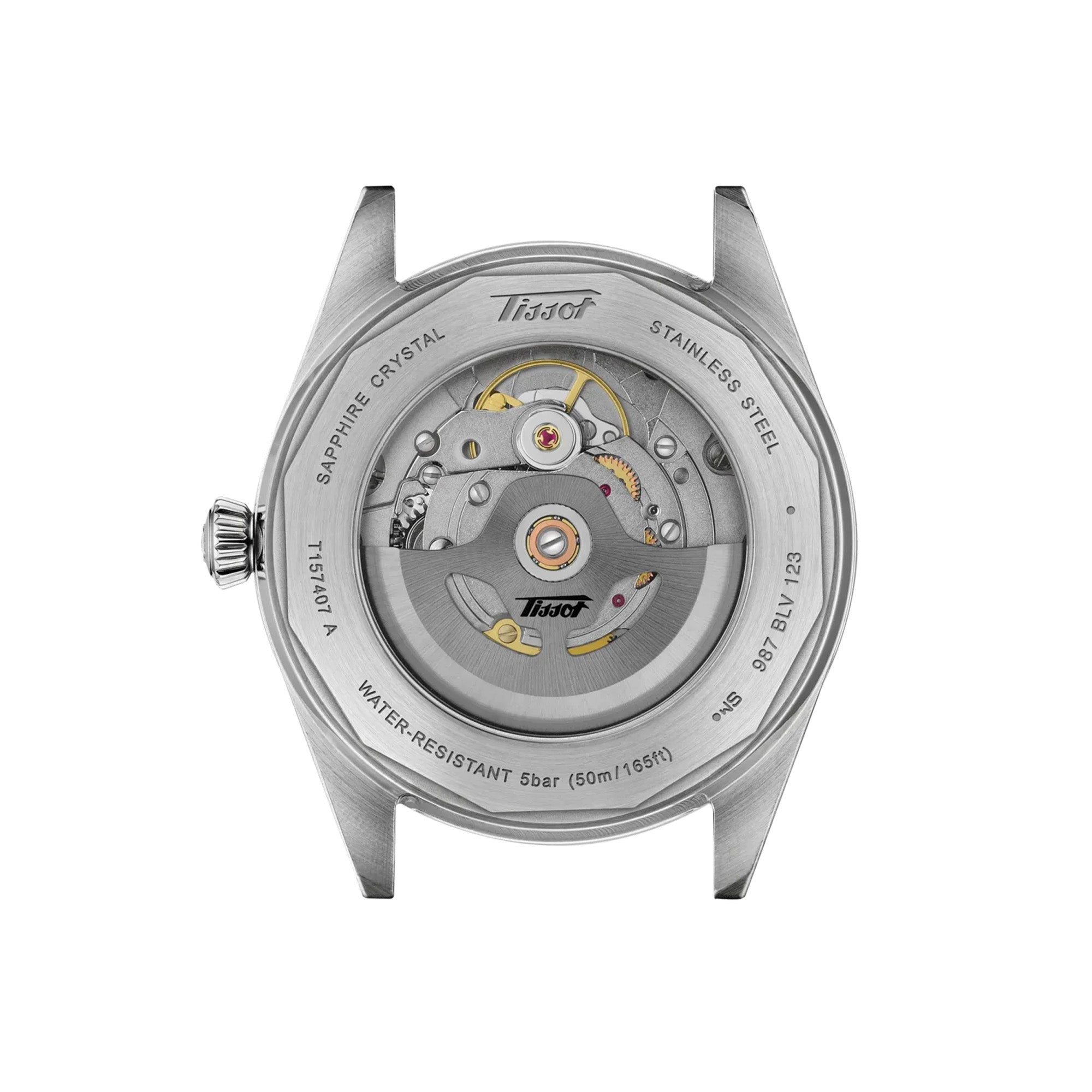 Tissot Visodate 39mm T157.407.11.051.00 see-through caseback – Powermatic 80 automatic movement visible, 316L stainless steel, Swiss made, water resistant to 50m