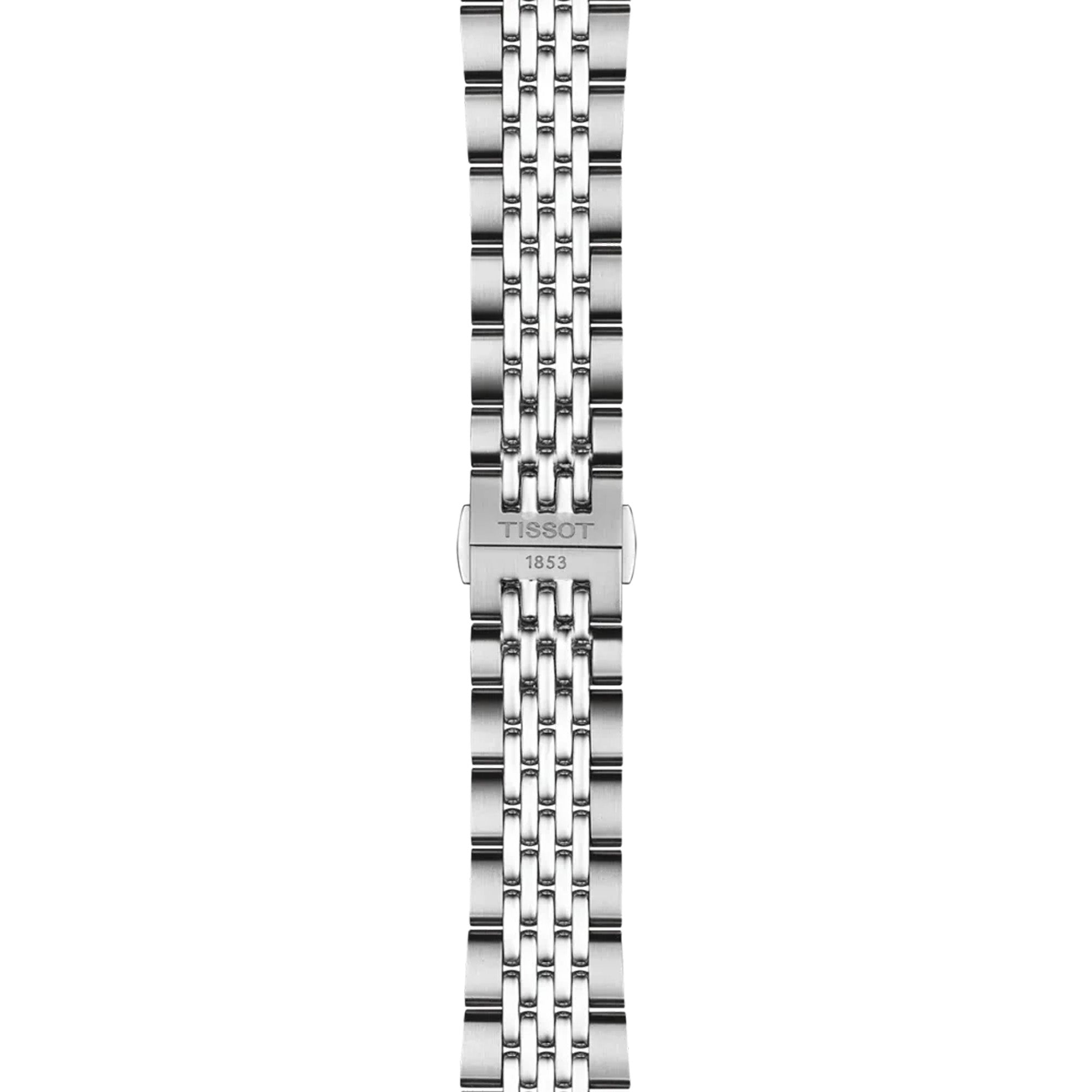 Tissot Visodate 39mm T157.407.11.051.00 bracelet detail – grey stainless steel grains of rice bracelet with butterfly clasp, push-button safety and interchangeable quick-release system