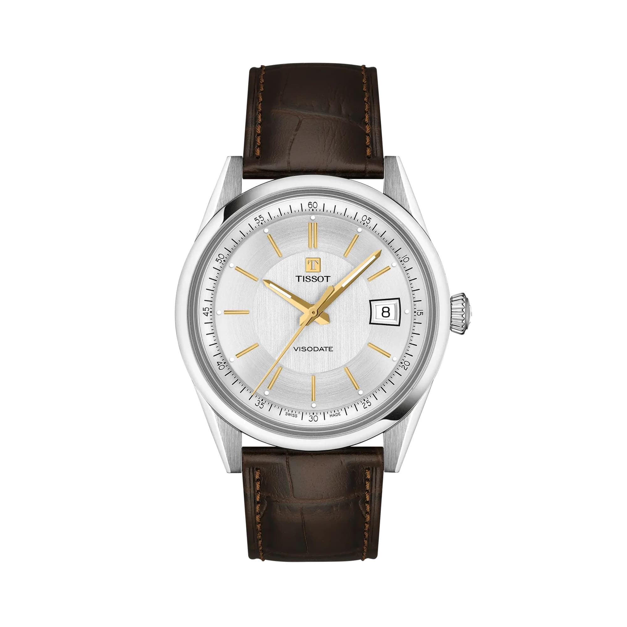 Tissot Visodate 39mm T157.407.16.031.00 front view – silver dial with gold indexes, stainless steel case, Dauphine hands, date window, brown crocodile-embossed leather strap