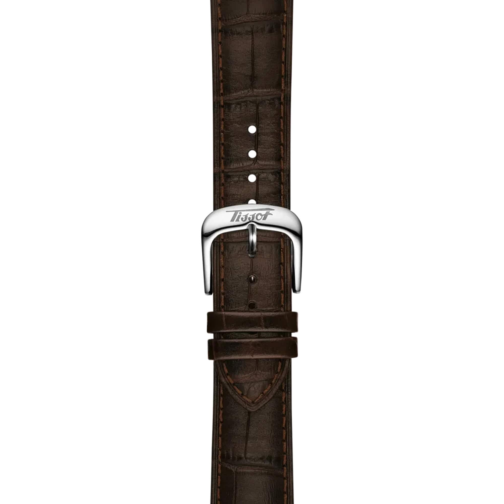 Tissot Visodate 39mm T157.407.16.031.00 strap detail – brown alligator-style grained cowhide leather strap with standard buckle and interchangeable quick-release system