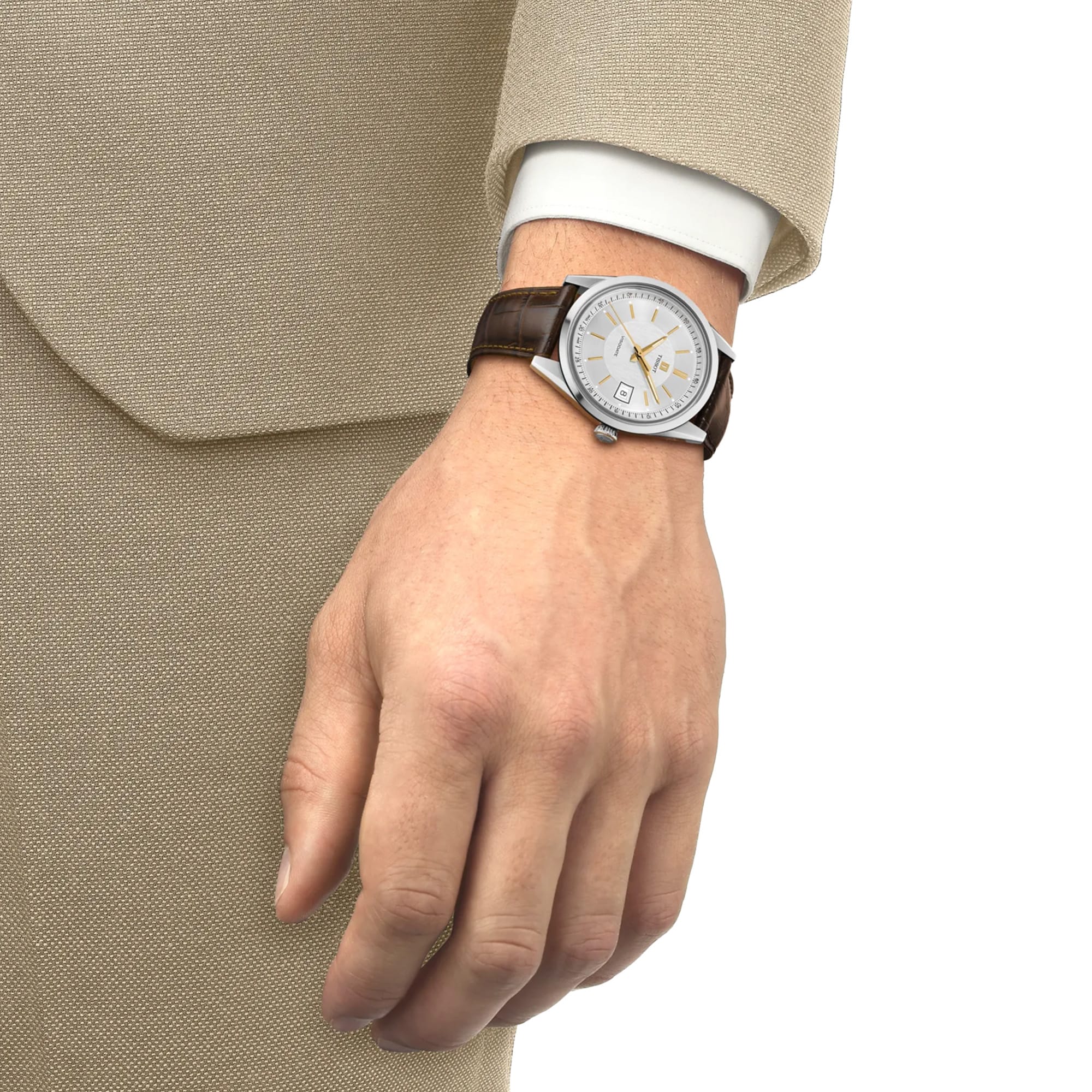 Tissot Visodate 39mm T157.407.16.031.00 front view – silver dial with gold indexes, stainless steel case, Dauphine hands, date window, brown crocodile-embossed leather strap - on wrist