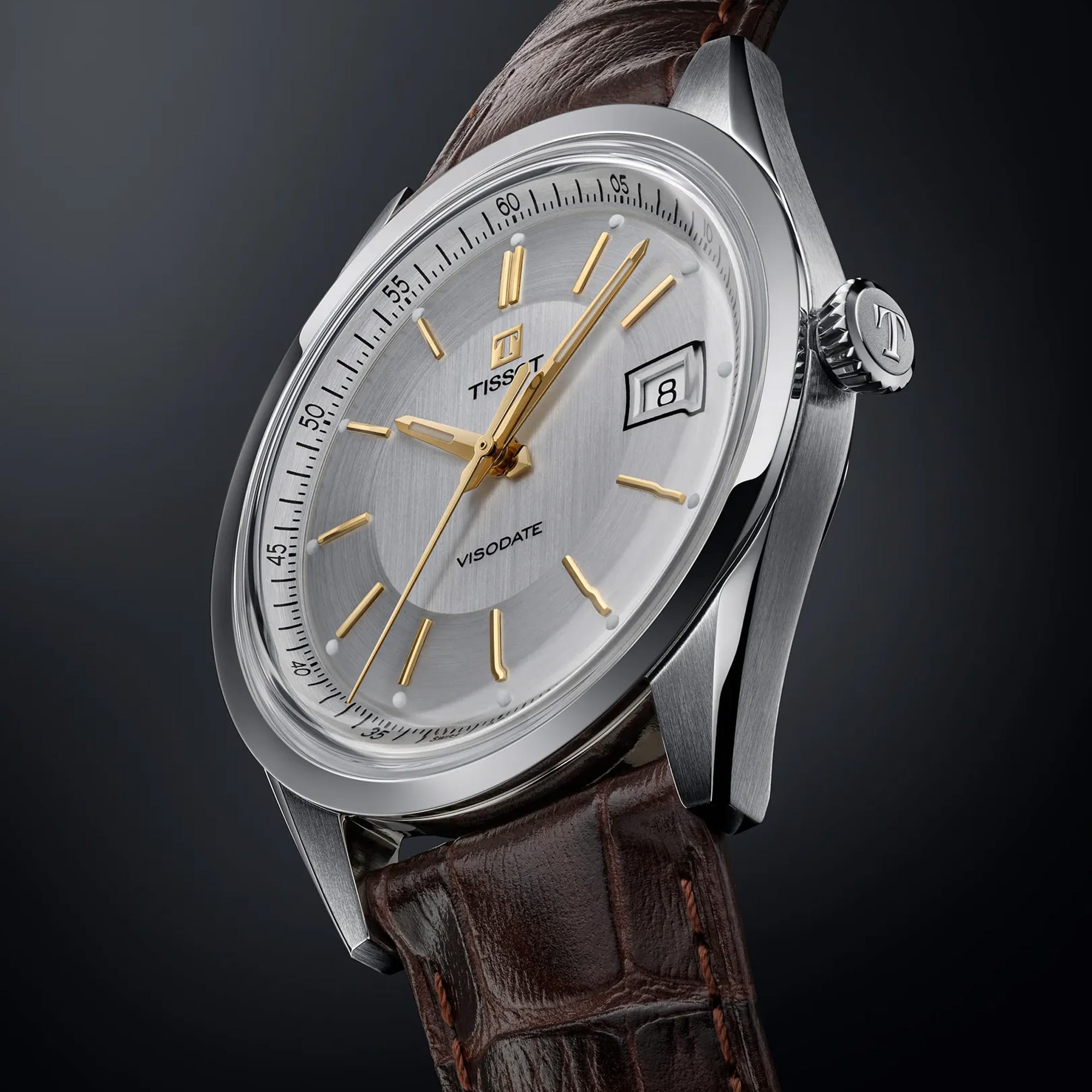 Tissot Visodate 39mm T157.407.16.031.00 front view – silver dial with gold indexes, stainless steel case, Dauphine hands, date window, brown crocodile-embossed leather strap