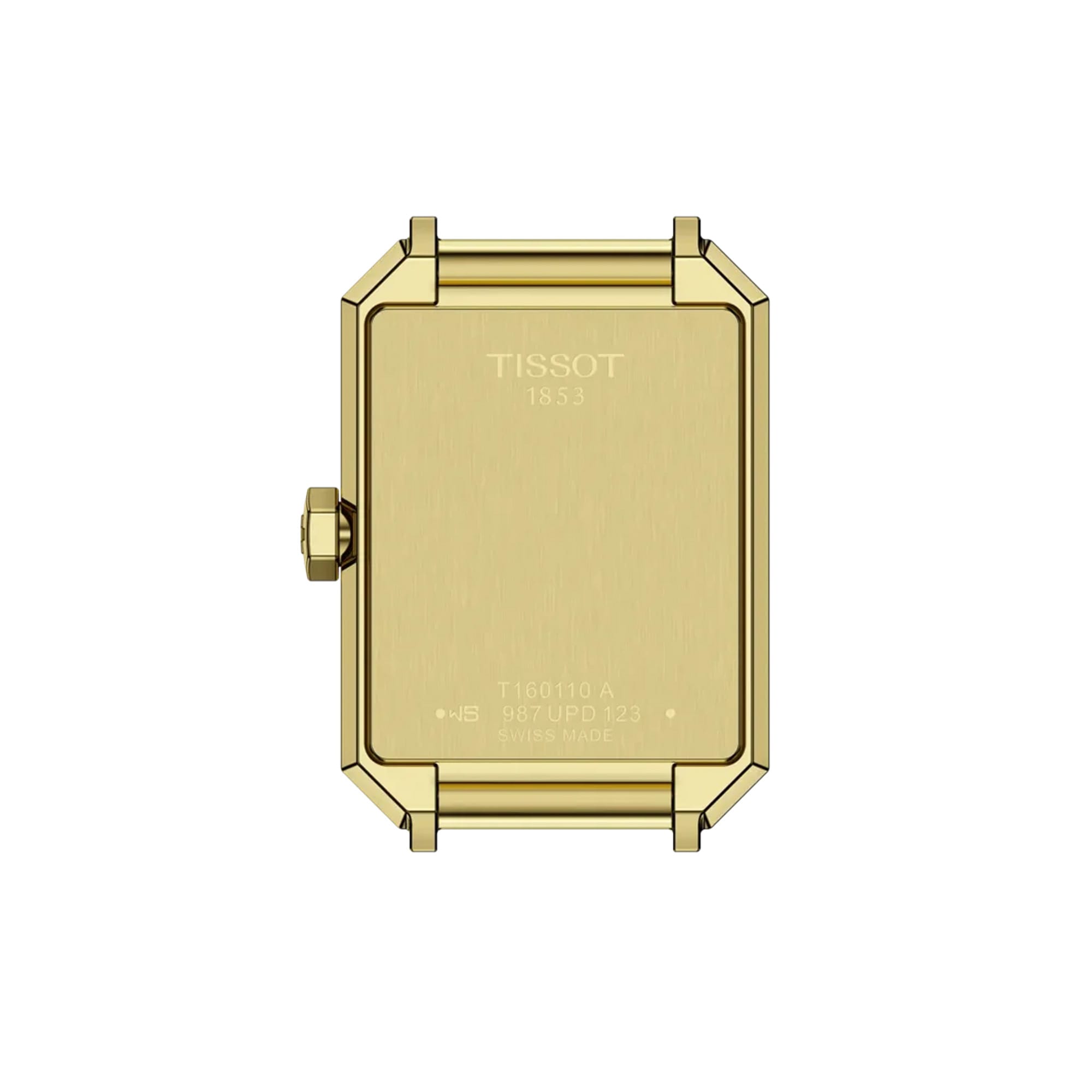 Tissot SRV 30mm T160.110.33.113.00 caseback view – 316L stainless steel with gold PVD coating, Swiss made, water resistant to 50m, model reference T160.110.33.113.00