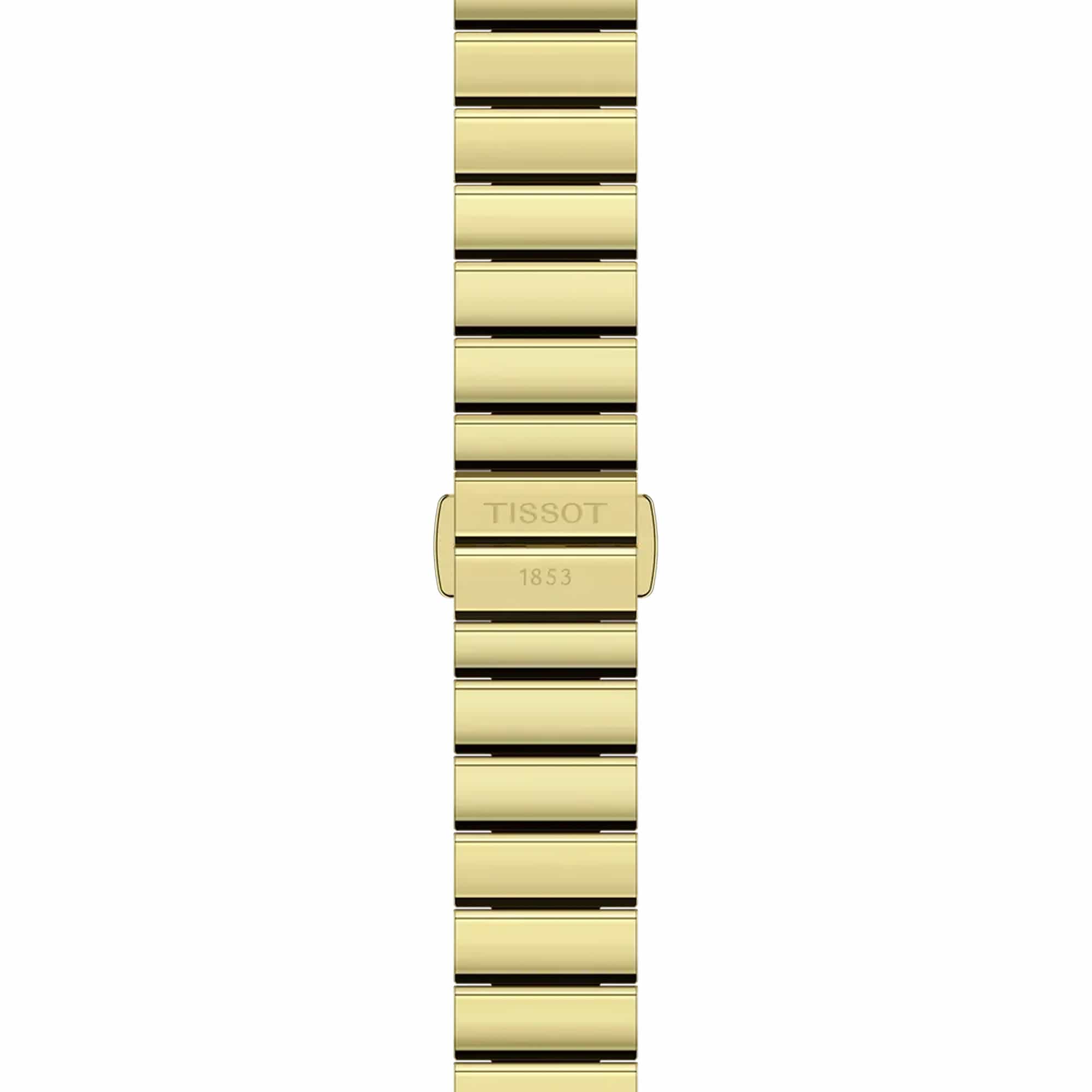 Tissot SRV 30mm T160.110.33.113.00 bracelet detail – gold PVD stainless steel bracelet with butterfly clasp, push-button safety and interchangeable quick-release system
