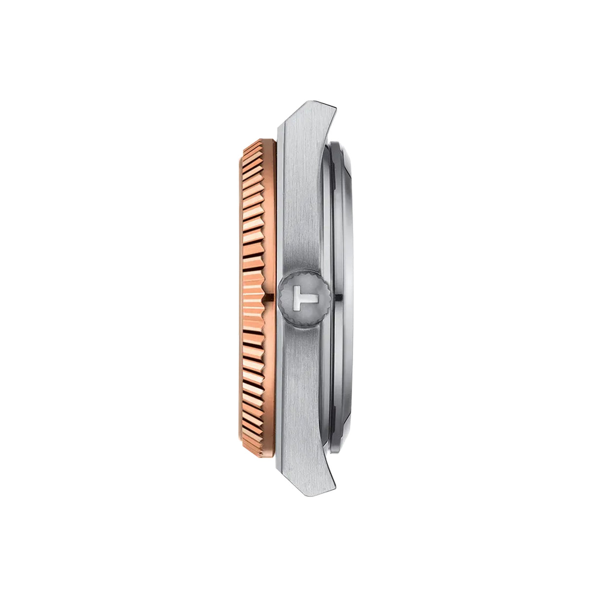 Tissot PRX Gold 35mm T931.207.41.111.00 side profile – stainless steel case with 18K gold bezel, sapphire crystal with antireflective coating, slim 1970s-inspired integrated bracelet profile