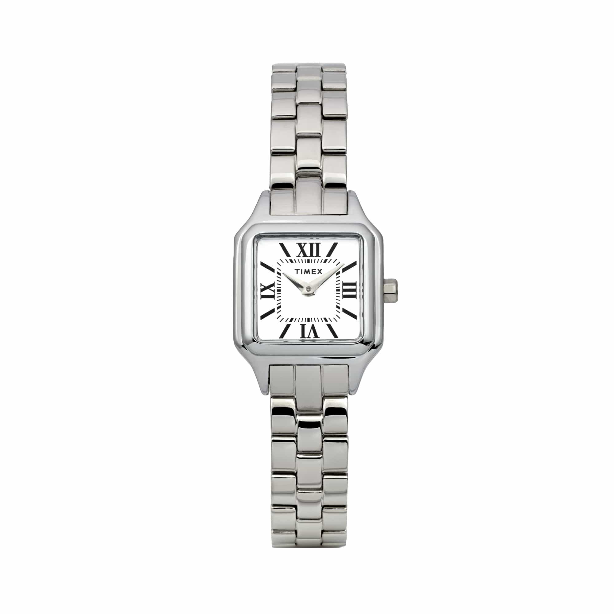 The Timex Legacy Addison TW2Y23800 features a white dial with bold black Roman numerals and slim silver-tone hands. The square case has a beveled bezel that adds a refined, vintage-inspired edge.
