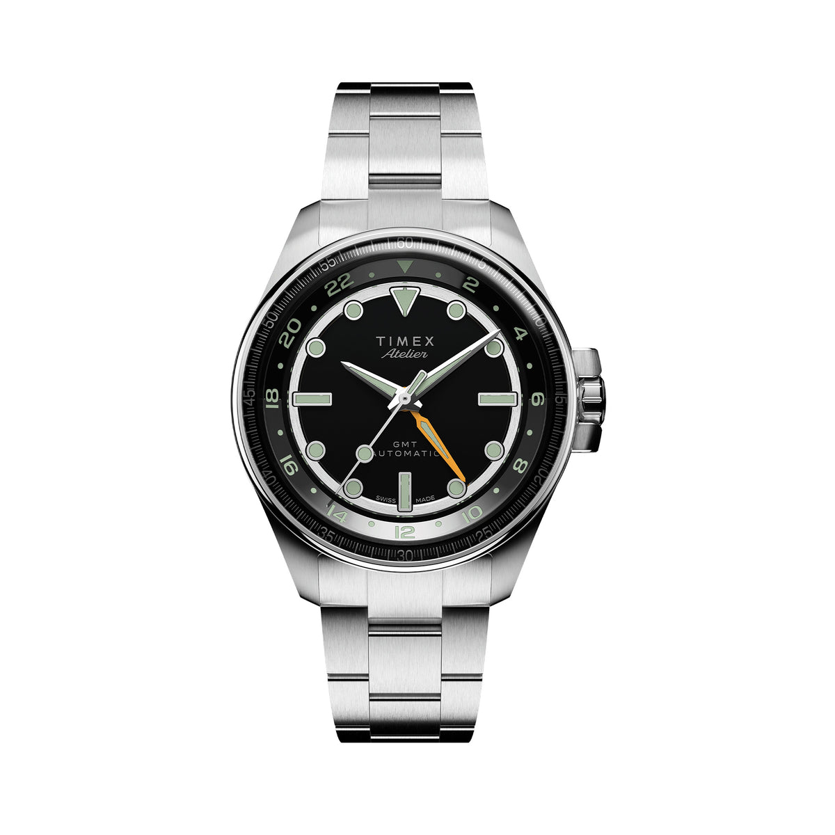 The Timex Atelier Automatic GMT Men's 40mm Watch TW2Y72300 features a black enamel dial with a 24-hour ring and an orange GMT hand for tracking a second time zone.