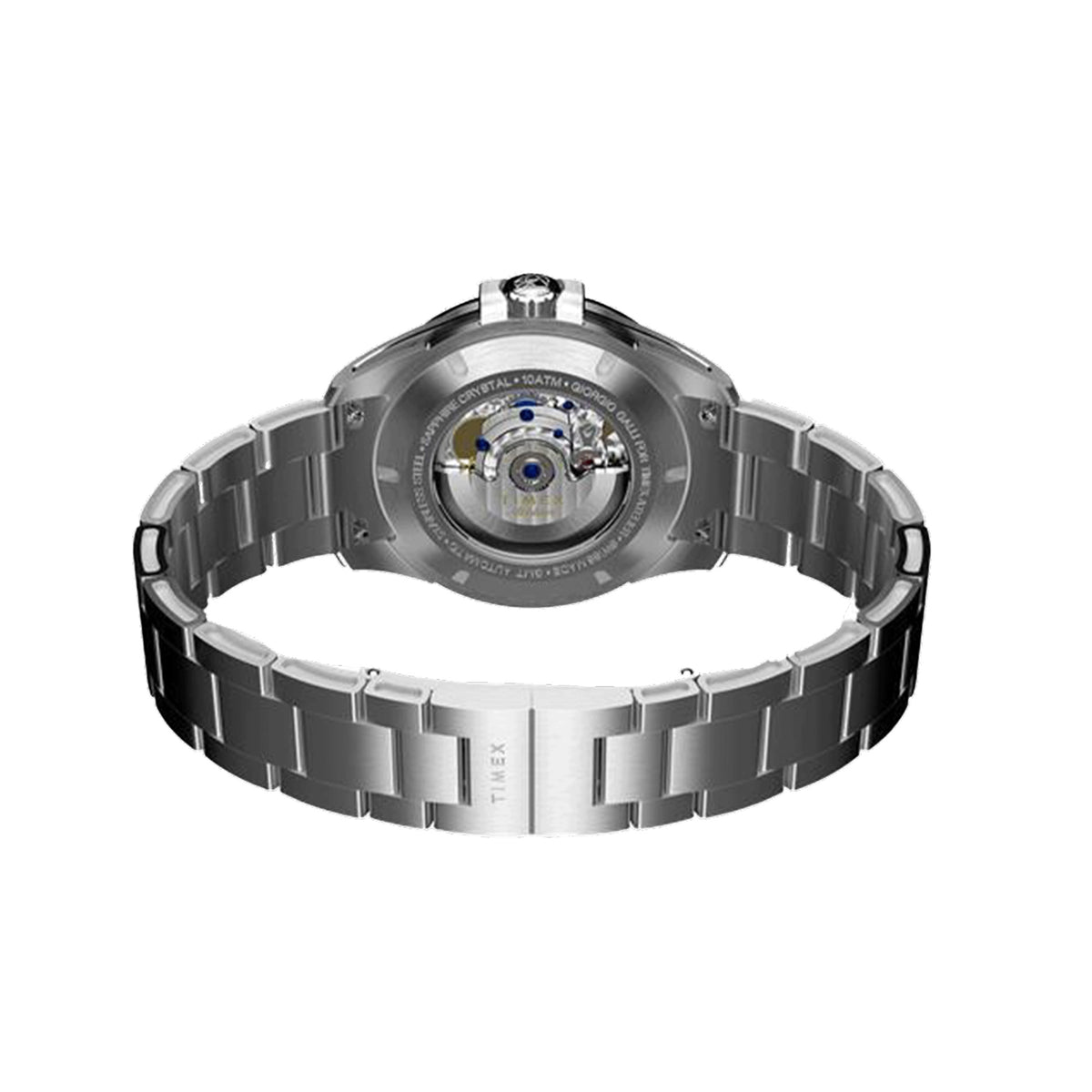 The Timex Atelier Automatic GMT Men's 40mm Watch TW2Y72300 features an exhibition sapphire case back revealing the automatic movement and decorated rotor, alongside a stainless steel bracelet with a butterfly clasp.