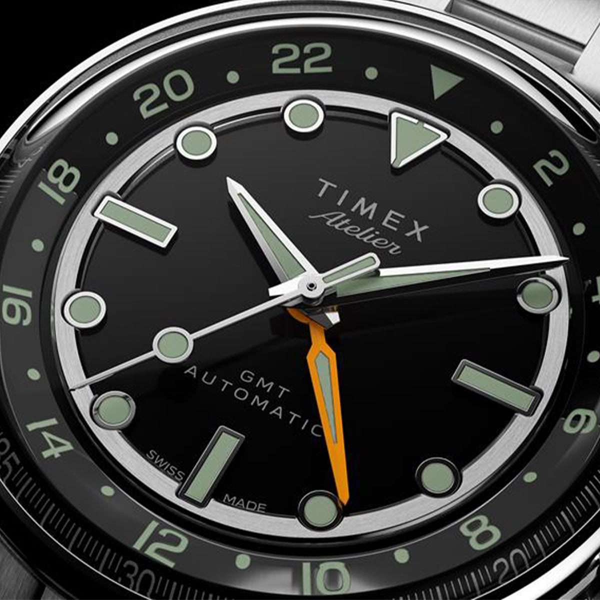 The Timex Atelier Automatic GMT Men's 40mm Watch TW2Y72300 suits frequent travellers and considered everyday dressing alike. The black enamel dial and orange GMT hand bring refined, practical sophistication to any outfit.