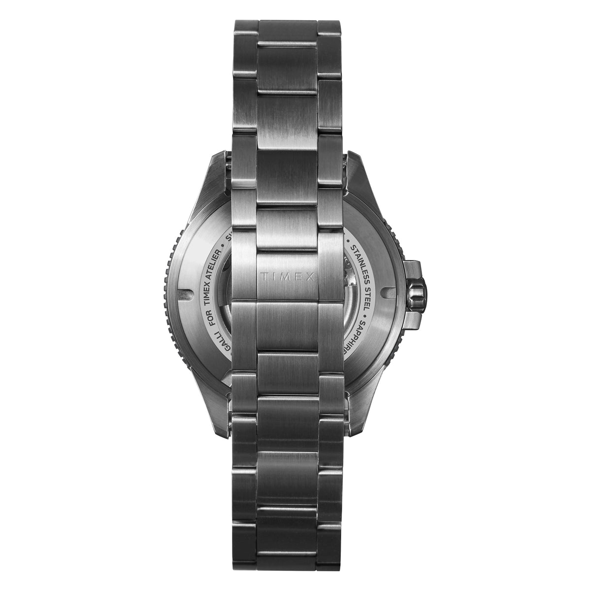 The Timex Atelier Automatic Men's 41mm Watch TW2Y72500 features a sapphire crystal case back revealing the Swiss automatic movement, alongside a stainless steel bracelet with removable links and a folding clasp.