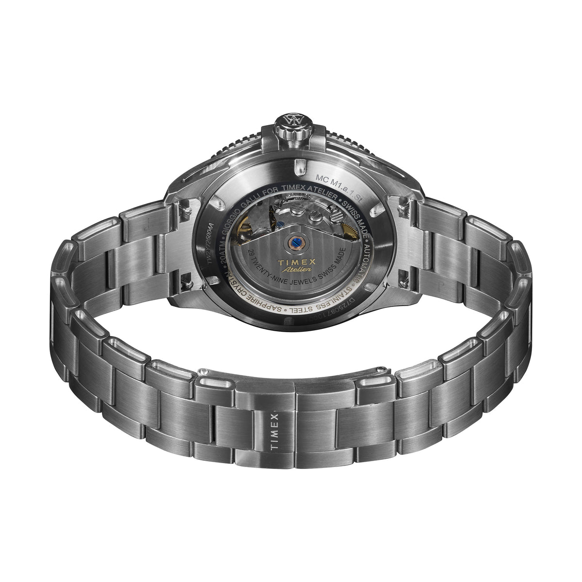 The Timex Atelier Automatic Men's 41mm Watch TW2Y72500 features a sapphire crystal case back revealing the Swiss automatic movement, alongside a stainless steel bracelet with removable links and a folding clasp.