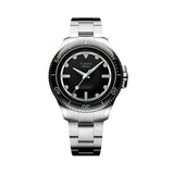 The Timex Atelier Automatic Men's 41mm Watch TW2Y72500 features a glossy black enamel dial with luminous indices and hands. A central seconds hand tracks the passing time against the clean, minimalist layout.